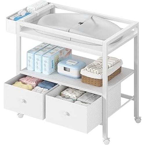 BOLUO Baby Changing Table with Storage, White Baby Dresser with Changing Table Top, Diaper Changing Station with 2 Fabric Drawers for Nursery Modern