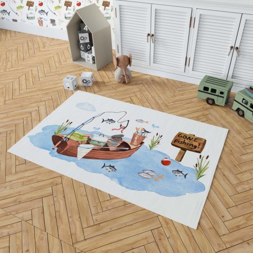 Fishing nursery rug, Fishing nursery decor, Kids play room rug, Area rug for boys room, Gone fishing rug Area rug for boys room- LiF