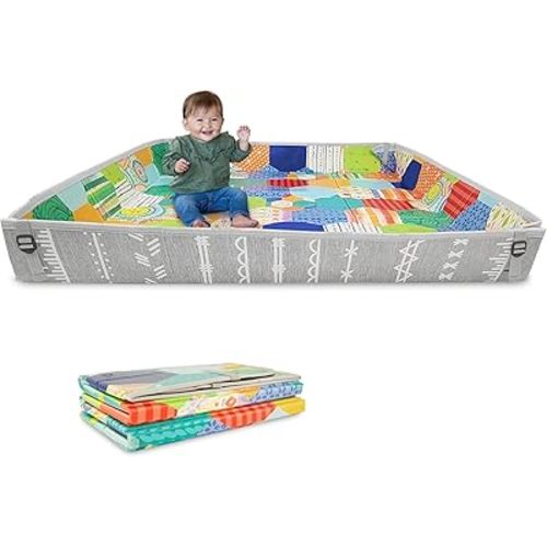 Infantino Foldable Soft Foam Play Mat, Reversible 57x57” Baby Mat for Floor Time, Lightweight, Portable & Easy to Store, Water Resistant, Wipeable, Multicolor