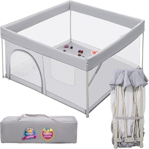 BABELIO Foldable Baby Playpen 46" × 46", Portable Playard for Babies and Toddlers, Parents' Picks Awards Winner, No Assembly Required, Indoor & Outdoor Kids Safety Play Pen Area, Travel Fence, Grey