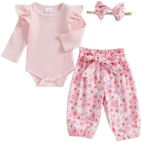 Mubineo Baby Girl Clothes Cute Outfits Ruffle Romper Flower Tops Pant Set Infant Long Sleeve Fall Winter Newborn Outfit