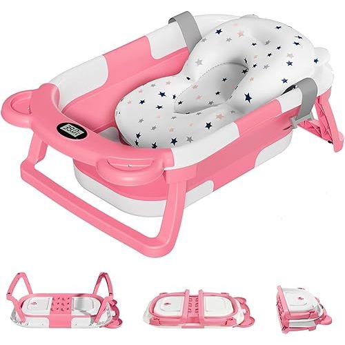 Collapsible Baby Bathtub for Newborns, Portable Bathtub with Soft Cushion Support for 0-36 Months, Ideal for Indoor & Travel, Pink