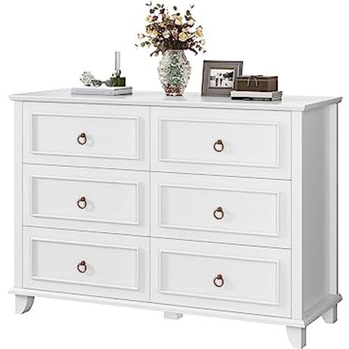 HOSTACK 6 Drawer Double Dresser for Bedroom, Modern Farmhouse Chest of Drawers, Wood Storage Dresser Cabinet for Closet, Living Room, Entryway and Hallway, White