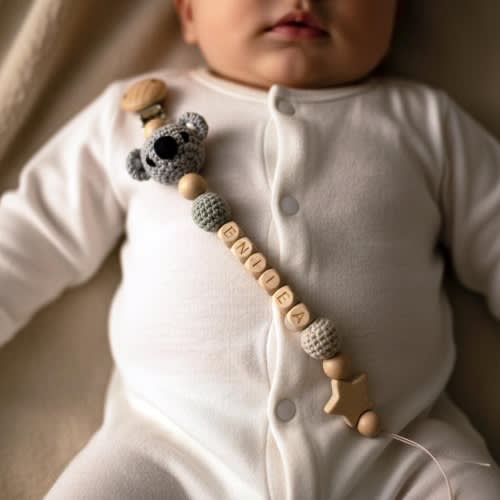 Handmade Crochet Animal Pacifier Clip - Custom Baby Name - Newborn Gift