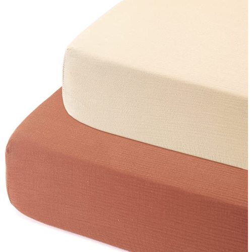 GRSSDER Soft Muslin Crib Sheet 2 Pack, 100% Cotton Crib Sheets for Boys and Girls, Fit Standard Crib Mattresses 52" x 28" Safe and Snug, Brick Red/Beige