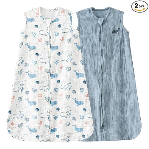 david's kids Muslin Cotton Baby Sleep Sack 12-18 Months, 2 Pack 100% Cotton Sleeping Bag for Summer, TOG 0.5 Baby Wearable Blankets with 2-Way Zipper, Soft Sleep Sacks for Newborn Infant, Whale