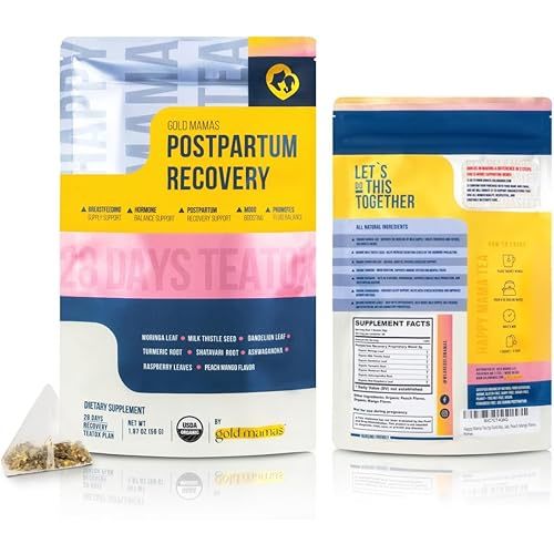 Postpartum Recovery Tea - 28 Days Teatox - 100% Organic Herbal Tea, Postpartum & Nursing Essentials - Fenugreek Free - Milk Supply Support - Happy Mama Tea Peach Mango Flavor.
