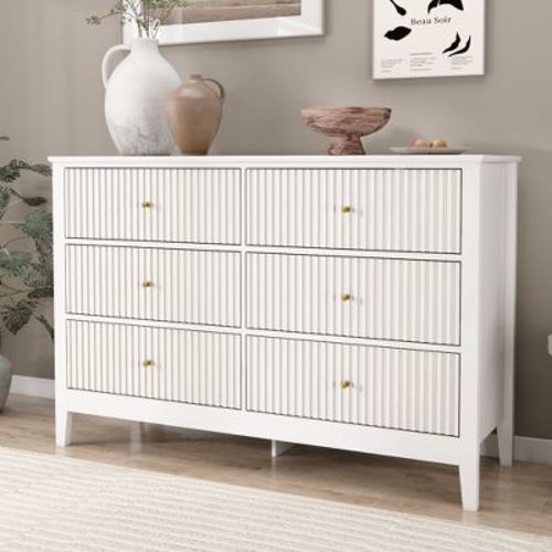 6 Drawers Dresser, Fluted Chest of Drawers with Storage, Modern Wood Wide Storage Dresser with Paint Design