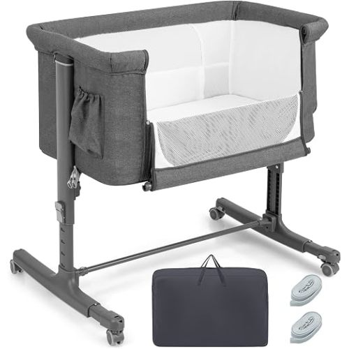 HONEY JOY Baby Bassinet Bedside Sleeper, 3-in-1 Easy Folding Portable Crib for Baby with Wheels, 5 Adjustable Heights, Easy to Assemble Bed to Bed, Mattress & Carry Bag for Infant Newborn (Gray)
