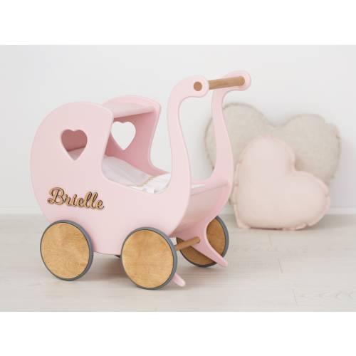 Doll Pram with Name & Bedding, Push Along Baby Walker, Wooden Stroller Toy, Montessori Toy for Girl, Custom First Birthday Gift for Toddlers