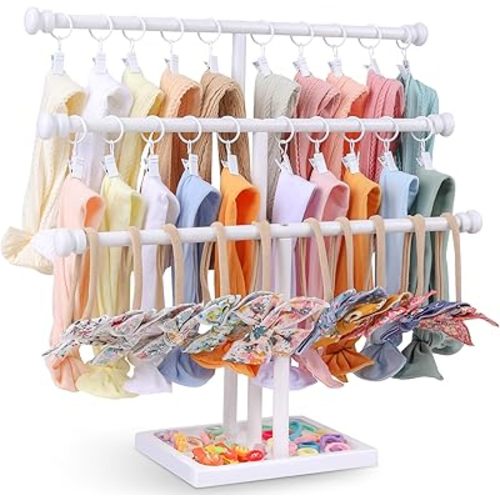 POVETIRE Headband Holder Stand Storage for Baby, 3 Tier Wooden Bow Organizer for Girls Hair Bows, Infant Hair Accessories Rack Display for Nursery Decor