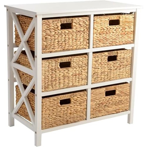 eHemco 3 Tier X-Side End Storage Cabinet, table with 6 Wicker Baskets for bedroom, living room in White