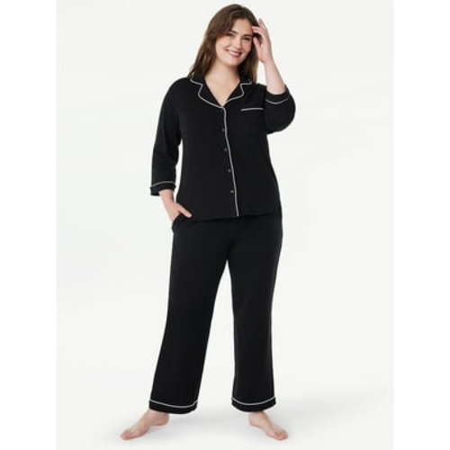 Joyspun Women’s Cotton Blend Notch Collar Top and Pants Pajama Set, 2-Piece, Sizes S-4X