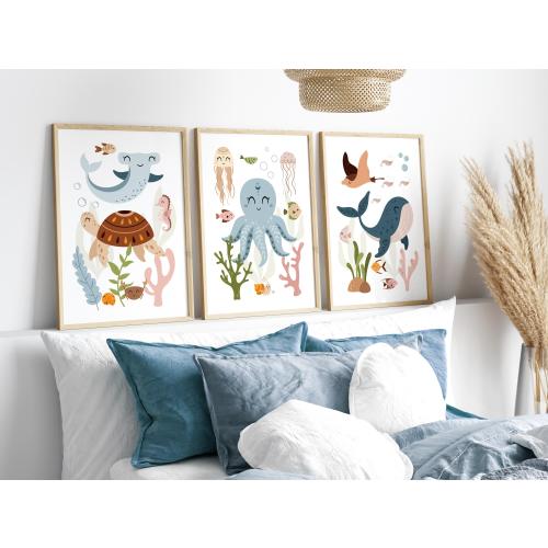 SEA ANIMALS Wall Art Set of 3, Nursery Prints, Under the Sea, Nursery Decor, Ocean Animals Decor, Scandinavian prints, Baby Shower Gift