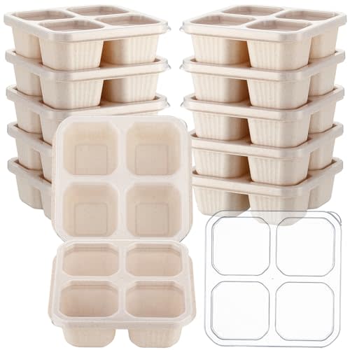 Ziliny 12 Pcs 4 Divided Compartments Snack Containers Bento Wheat Straw Snack Box with Lid Reusable Meal Prep Lunch Box Food Storage Containers for Adults Travel Work(Beige)