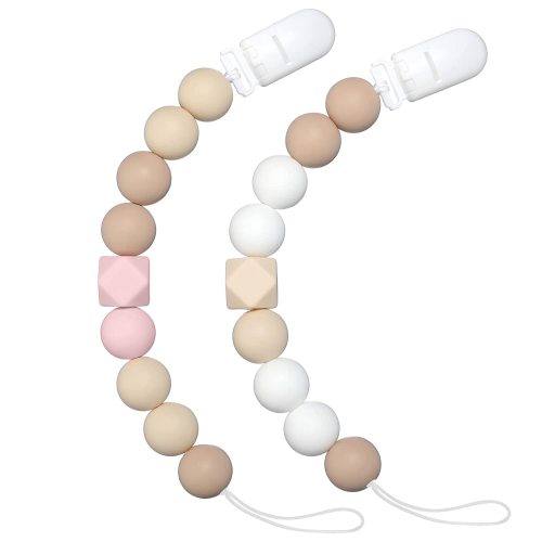 Pacifier Clip Baby Girls Binky Holder Soothie Paci Clip Silicone Bead Teething Relief Teether Toy Baby Birthday Christmas Set of 2 (Pink, Beige)