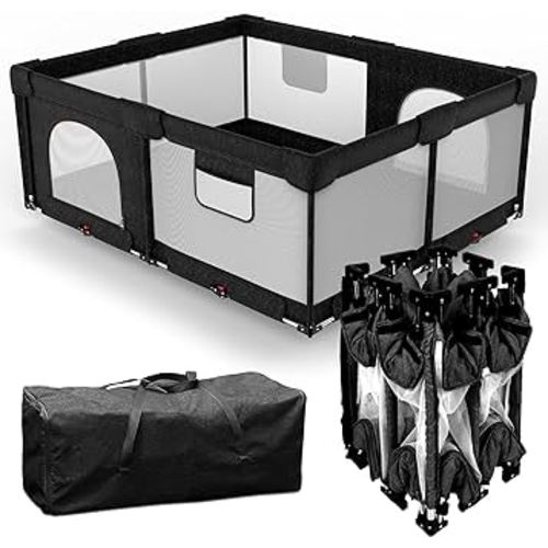 Dearlomum Foldable Baby Playpen with Gate, Extra Large Collapsible Play Yard for Babies & Toddlers, Portable Travel Playpen, Baby Activity Center for Indoor & Outdoor Use (Black 59"×71")