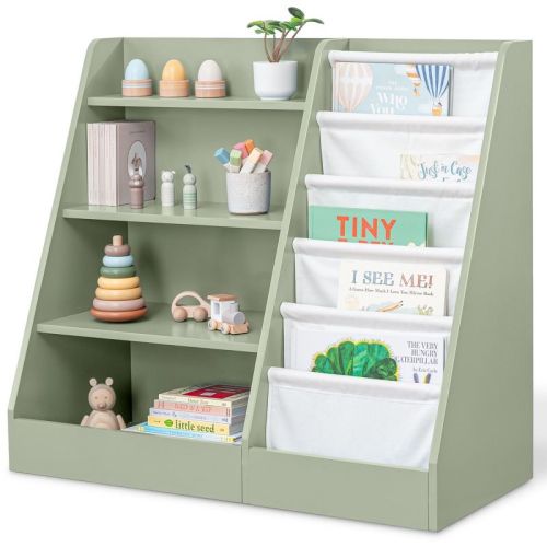 Comfy Cubs Kids Bookshelf 35.2 x 15.7 x 31.5 Inches - Sturdy Montessori Shelf with Soft & Hard Shelves - Sage