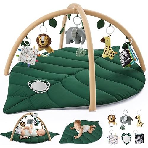Blissful Diary Baby Play Gym & Activity Mat, Oversize Leaf Shaped Tummy Time Baby Play Mat w 6 Detachable Toys Promotes Motor Skills & Sensory Development, Newborn Infant Essentials Gift, Forest Green