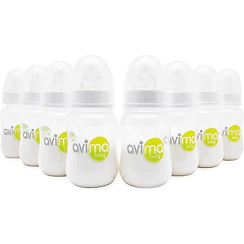 Avima 4 oz Anti Colic Baby Bottle Set - Slow Flow Nipples Included, Standard Neck, BPA Free - Newborn 0-3 Months, Stage 1 Feeding for Gas, Spit Up & Colic (Set of 8)