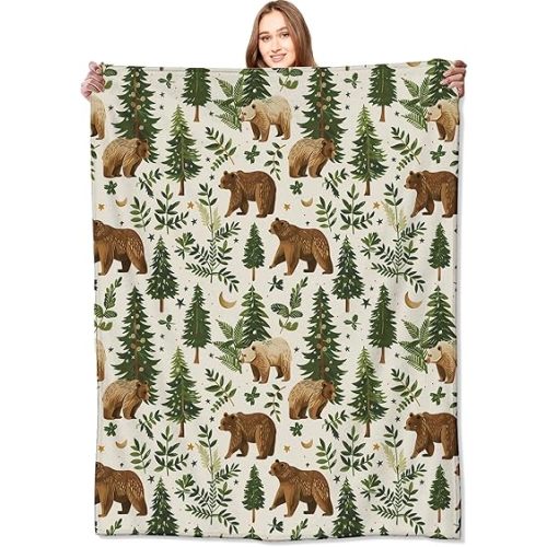 Bear Blanket Cute Woodland Pine Tree Retro Throw Blankets,Birthday Gifts for Kids Girls Boys & Animal Lovers,Lightweight Soft Fleece Cozy for Sofa Couch Bed Room Forest Decor 50x60in