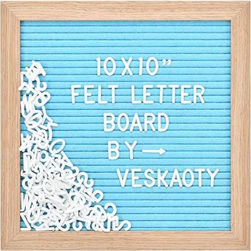 Felt Letter Board with 294 Letters, Numbers & Symbols - 10 x 10 inch Changeable Message Board with Wooden Frame Wall Mount Hook, Blue & Wood