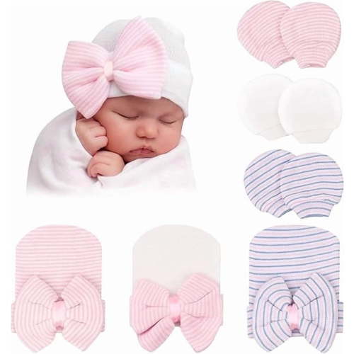 Newborn Hospital Hat and Mittens Infant Baby Beanie Soft Cotton Cute Knot Nursery Cap for 0-6