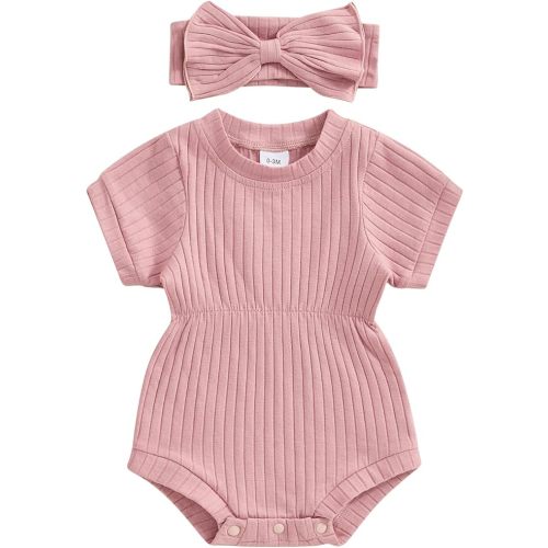Karwuiio Newborn Baby Girl 2 Piece Outfits Short Sleeve Knit Jumpsuit Romper with Headband Summer Clothes - Purple Pink - 0-3 Months