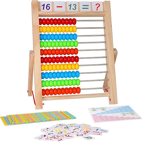 KIDWILL Preschool Math Learning Toy,10-Row Wooden Frame Abacus with Multi-Color Beads, Counting Sticks, Number Alphabet Cards, Gift for 2 3 4 5 6 Years Old Toddlers Boys Girls