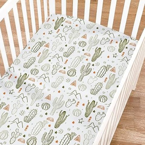 Boho Sunrise Cactus Fitted Baby Crib Sheet Boy Girl 52"x28" Western Cactus Desert Southwest Mountains Sun Rainbow Soft Breathable Crib Mattress Cover Baby Sheet for Standard Crib and Toddler Mattress