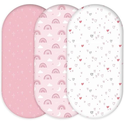 Bassinet Sheets for Baby Girl 32 * 16, 3 Pack Soft Breathable Baby Bassinet Mattress Sheets Fit for Hourglass Oval Cradle, Moses Basket Rectangle Mattress (Rainbow, Pink)