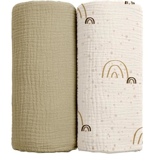 lulumoon Baby Muslin Swaddle Blankets: Soft Receiving Blanket for Newborn - Cotton Swaddling Blanket for Neutral 2Pack(Rainbow Khaiki)
