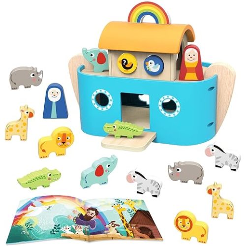 TOOKYLAND Noah's Ark Toy for Toddlers, Baptism Gifts for Boys and Girls, Wooden Animal Shape Sorter, Bible Story Toys with Book, Montessori Educational Toys for 2 3 4 Year Old