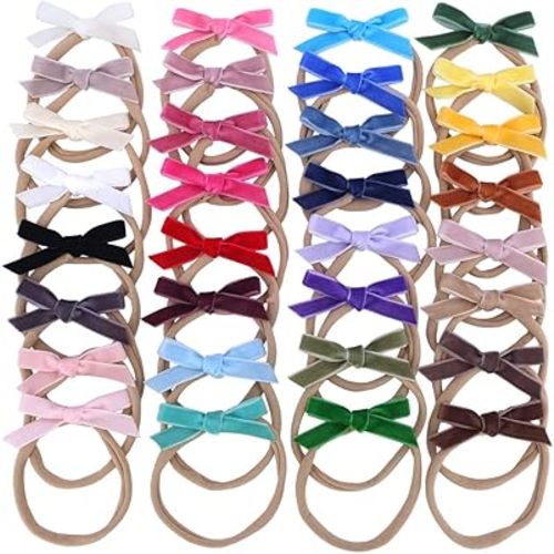 Velvet Bow Soft Stretchy Headbands for Newborn Infant Toddlers Hair Bow Elastic Bands Baby Girls Nylon Hairband (2.75'' Mini 32 PCS)