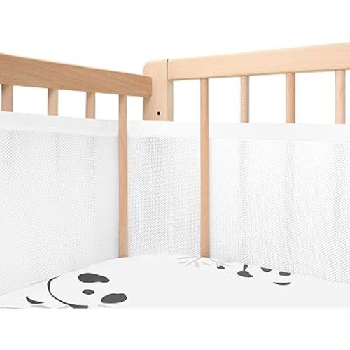 Upgraded Breathable Crib Liner, Standard Length, More Straps for Fixing Mesh Liner, Protects Legs and Arms, 3mm Breathable Mesh, Covers 4 or 3 Sides Full-Size Baby Bed, White