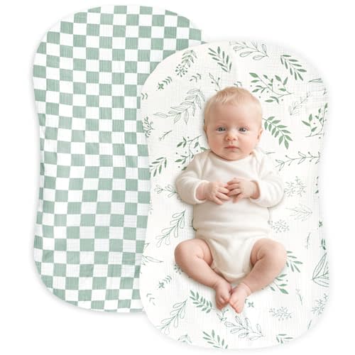 Hooyax Muslin Baby Lounger Cover 2 Pack - 100% Breathable Cotton Soft Infant Lounger Covers, Fits Most Standard Newborn Loungers & Pillows (Green Checker+Leaf)