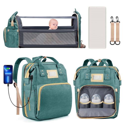 GPED Diaper Bag Backpack, Baby Bag with Foldable Crib, Insulated Pocket, USB Port, Green