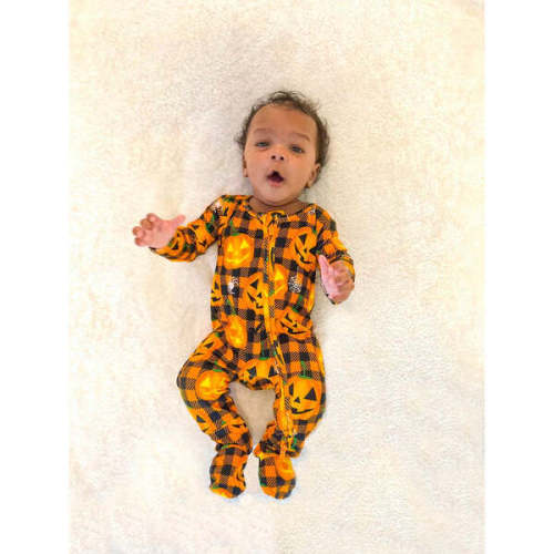 Jack-O'-Lantern Halloween Bamboo Zippered Footed Onesie, Orange - Royal Babies & Tots | Maisonette