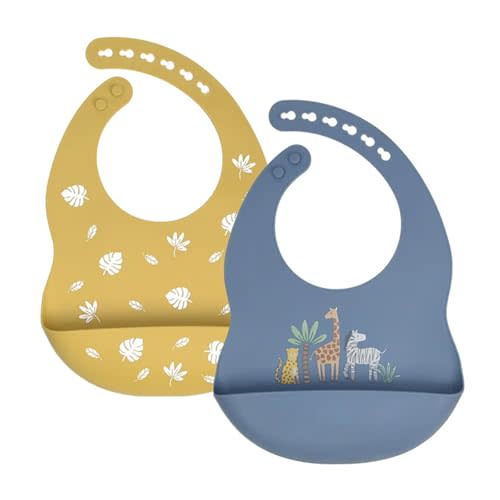 Little Rawr Baby Silicone Bibs 2 Sets Baby Bibs with Food Catcher for Girls Boys Toddlers BPA Free Waterproof Soft Durable