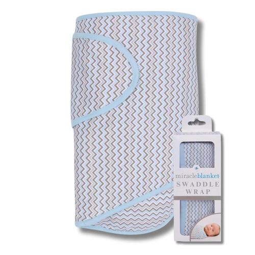Miracle Blanket Swaddle Wrap – Help Your Newborn Sleep Longer – Soft & Secure Sleep Sack for Infants – Easy-to-Use Swaddling Blanket for a Calm Baby (Blue & Gray Chevron)