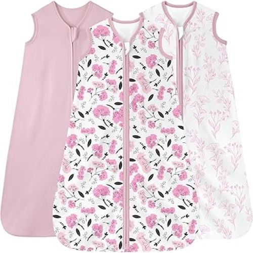Baby Sleep Sack 0-6 months, 100% Cotton Sleeping Sack for Newborn and Infant, 3 Pack Baby Wearable Blanket, 0.5 Tog Lightweight Double Zipper Sleep Bag Pink Flower