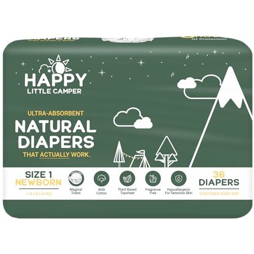 Happy Little Camper Ultra-Absorbent Natural Baby Diapers Size 1 - Hypoallergenic & Chlorine-Free Disposable Diaper Safe for Sensitive Skin - Unscented Newborn Diapers - 36 Count