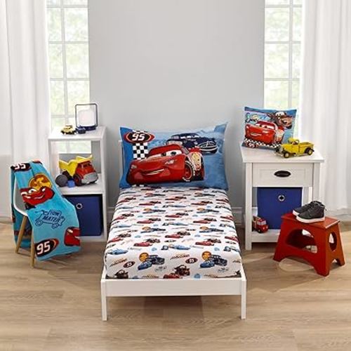 Disney Cars Radiator Springs White, Blue, and Red Lightning McQueen and Tow-Mater 2 Piece Toddler Sheet Set - Fitted Bottom Sheet and Reversible Pillowcase