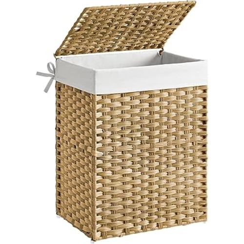 SONGMICS Laundry Hamper with Lid, 23.8 Gallon (90 L) Synthetic Rattan Clothes Laundry Basket with Lid and Handles, Foldable, Removable Liner, Goose Yellow ULCB51NL