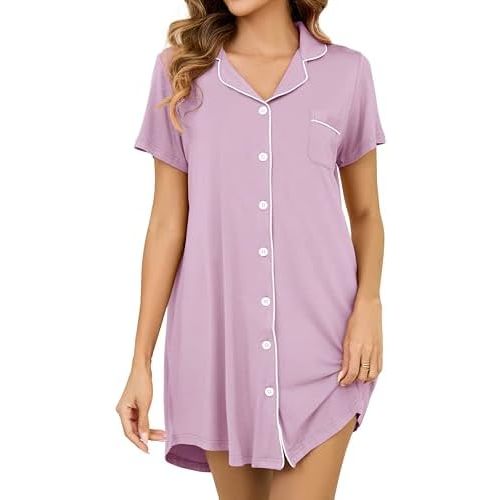 Nightgowns for Women Short Sleeve Button Down Nightshirt Soft Sleepshirt Boyfriend Pajama Dress