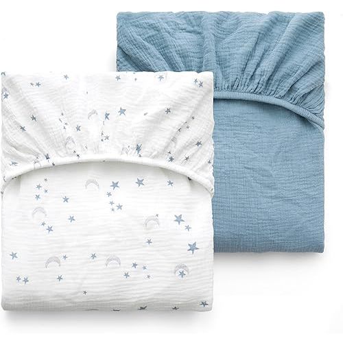 Momcozy Muslin Standard Fitted Crib Sheets, 52"x28", 2 Pack Soft Breathable Natural Cotton Baby Mattress Sheet, 360° Mattress Wrapping No Slip Boys Girls Neutral Toddler Bed Sheet, Blue Star Moon