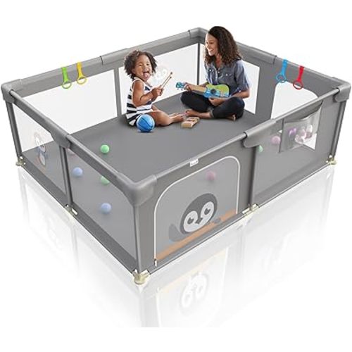 Baby Playpen for Babies and Toddlers, 71 x 59 inch Extra Large Baby Fence with Unique Little Penguin Character Design, Li'l Pengyu Soft Breathable Mesh Baby Playard for Indoor & Outdoor