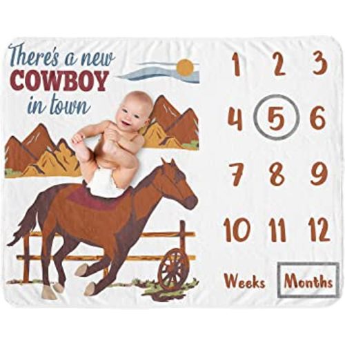 Sweet Jojo Designs Wild West Cowboy Boy Milestone Blanket Monthly Newborn First Year Growth Mat Baby Shower Memory Keepsake Gift Picture - Red Blue and Tan Western Southern Country Horse Mountains