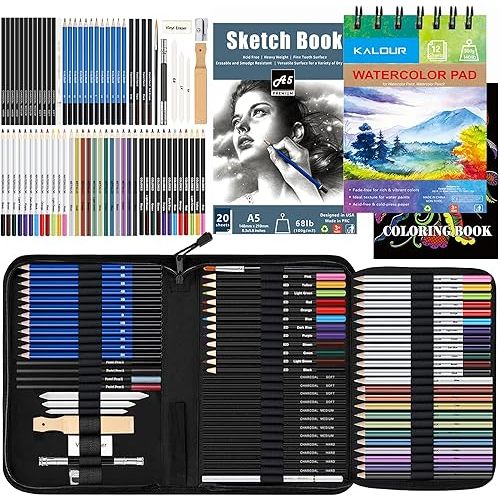 KALOUR 76pc Art Supply Set - Sketching & Drawing Kit with Tutorial Book, Sketchbook & Paper - Pencils, Pastels, Watercolors for Beginner Artists