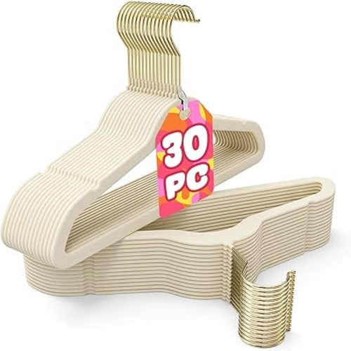 Korpai 30 Pack Baby Velvet Hangers 11 Inch,Non-Slip,Ultra Slim,Space-Saving Baby Hangers with 360° Swivel Hook, 7LBS Capacity,Baby Clothes Hangers Ideal for Baby Romper/Dresses/Shirts/Coats/, Beige